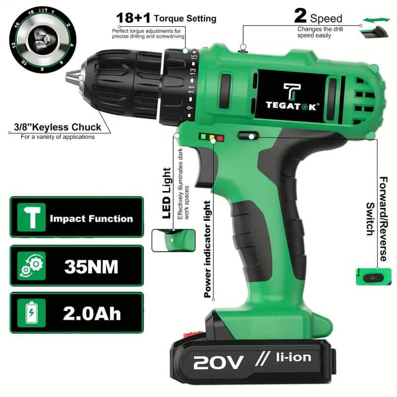 Tegatok 20V Cordless Drill Set Home Improvement - DailySale