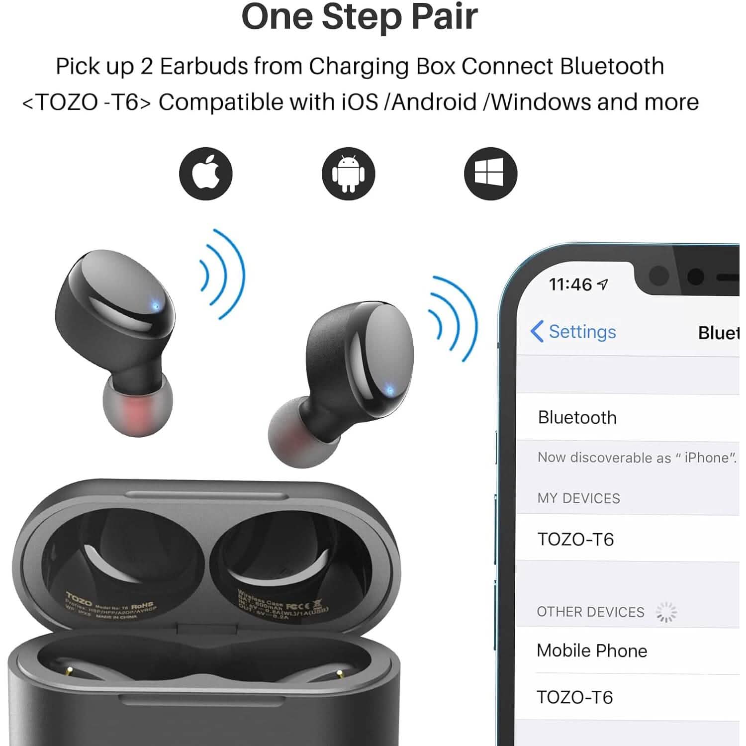 TOZO T6 True Wireless Earbuds Bluetooth 5.3 Headphones Touch Control with Wireless Charging Case (Refurbished) Headphones - DailySale