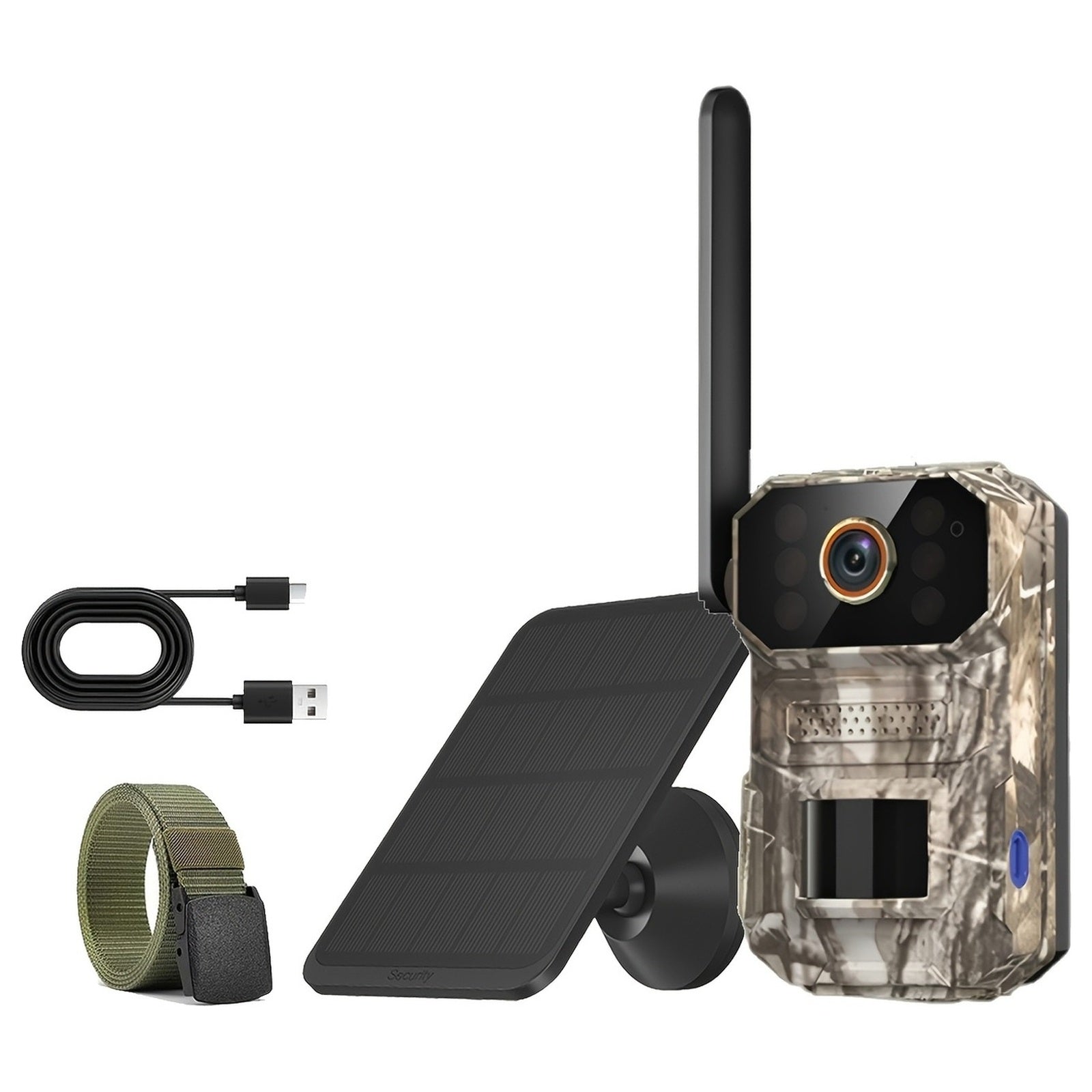 Camouflage 4G LTE trail camera with solar panel, mounting strap and USB Type-C charging cable