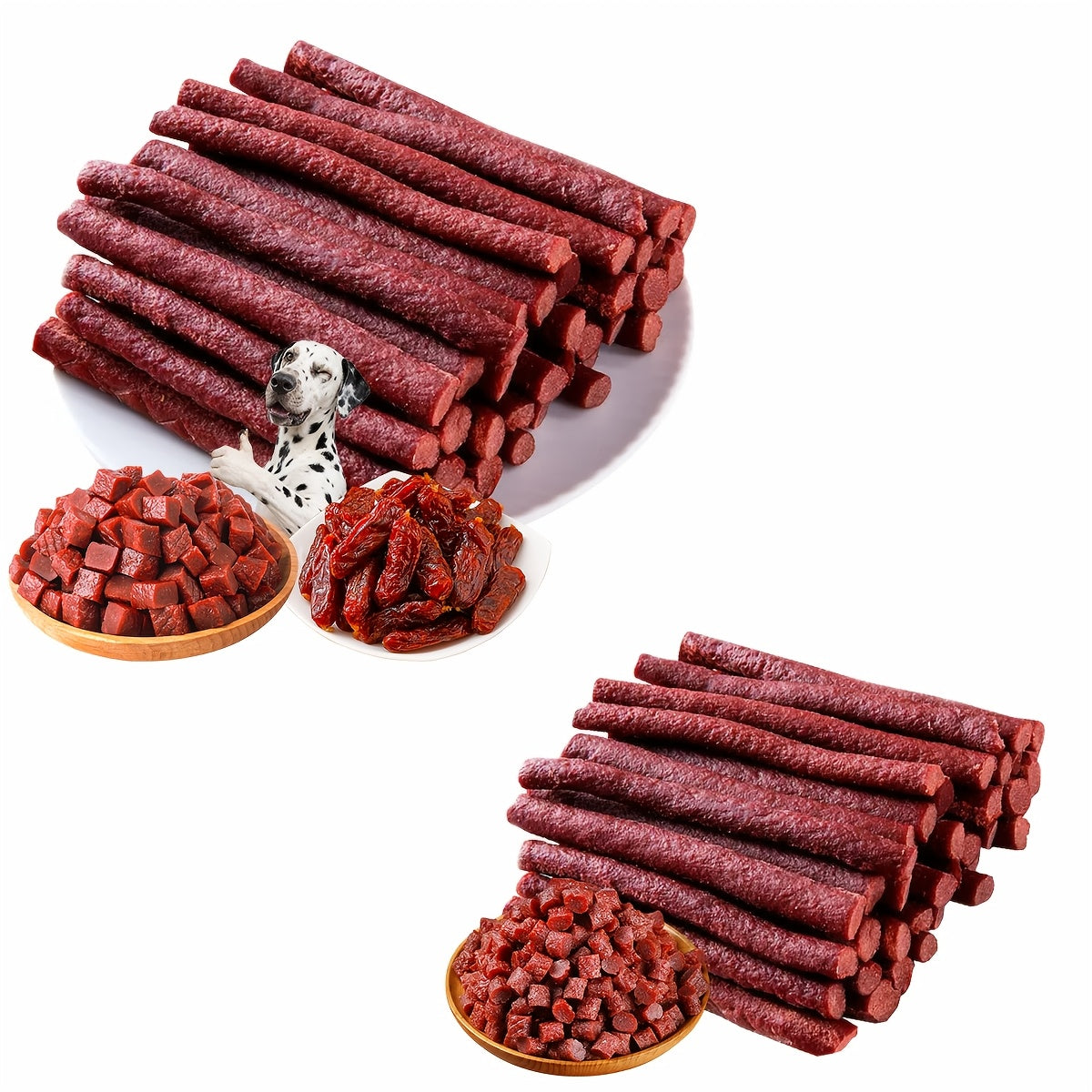 Jerky dog treat sticks and cubes arranged on a white background