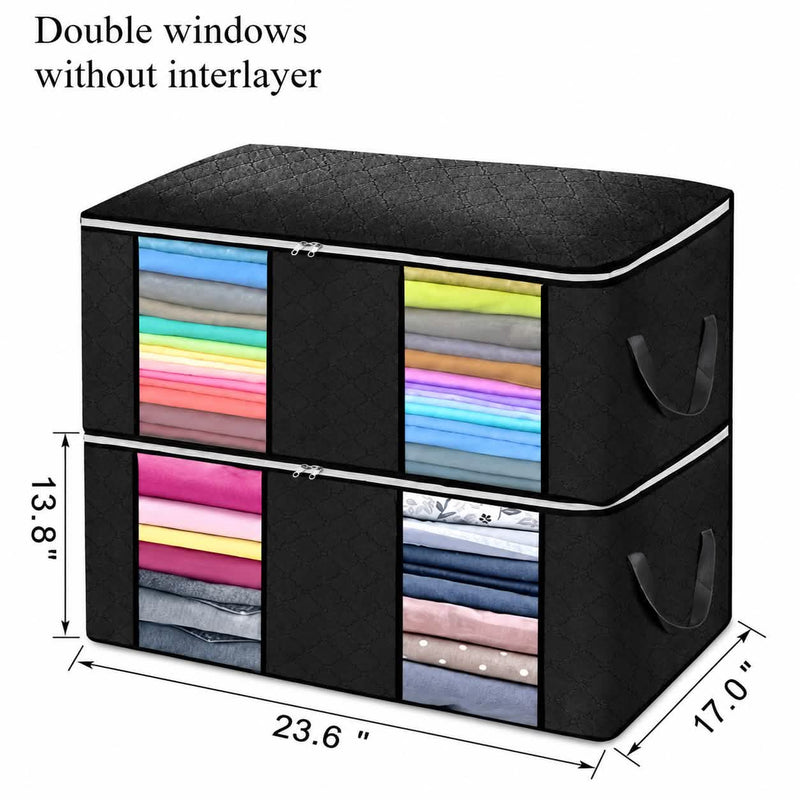 Black 90 liter clothes and blanket storage bag with clear windows
