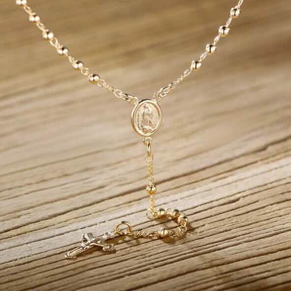 Unisex 14K Gold Virgin Mary Rosary Bead Cross Necklace 18'' Necklaces - DailySale