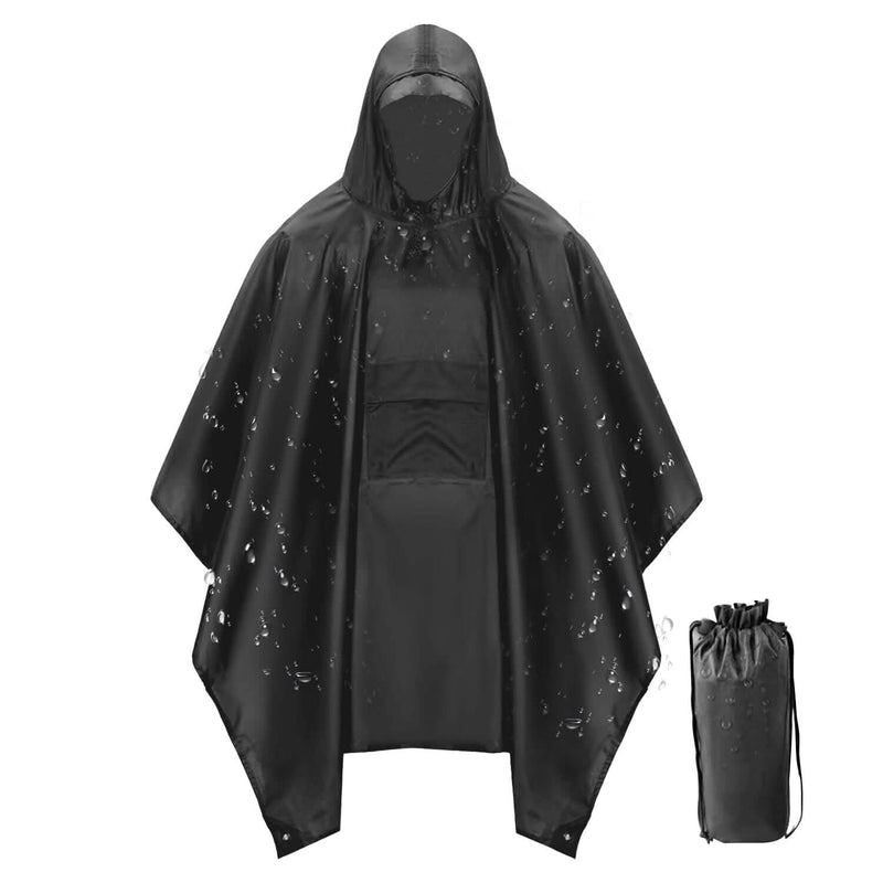 Unisex Hooded Rain Poncho with Pocket Sports & Outdoors Black - DailySale