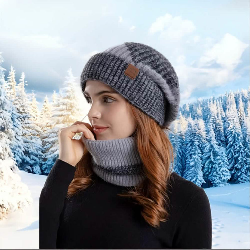Charcoal gray knit beanie and neck scarf set
