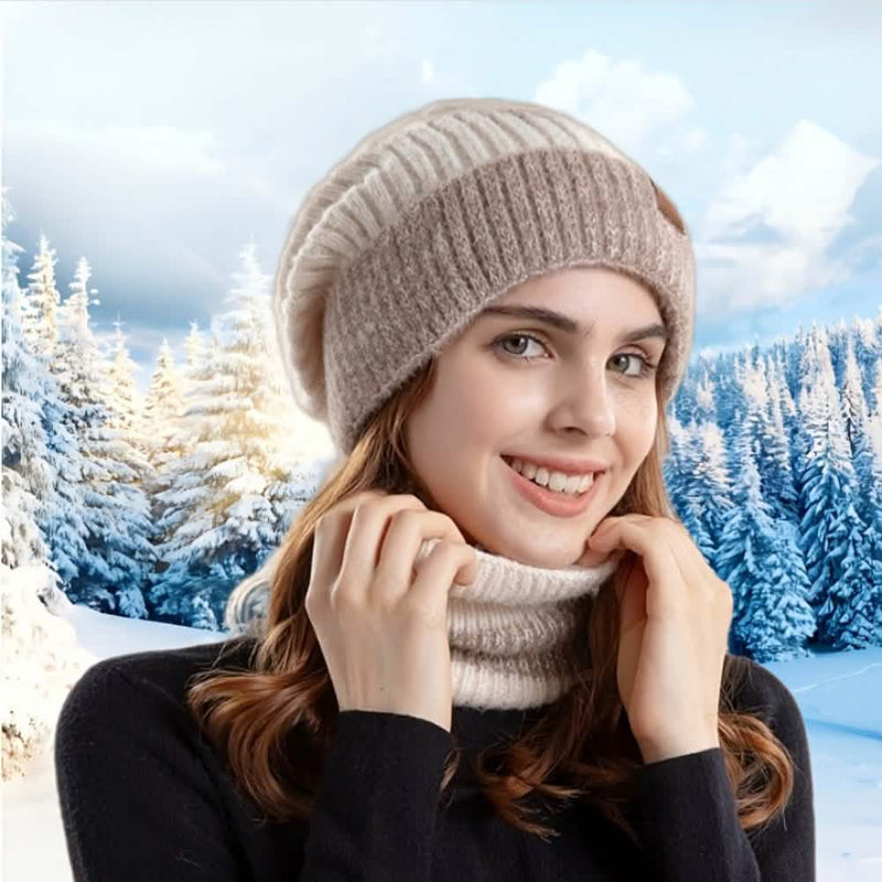 Cream knit beanie and neck scarf set
