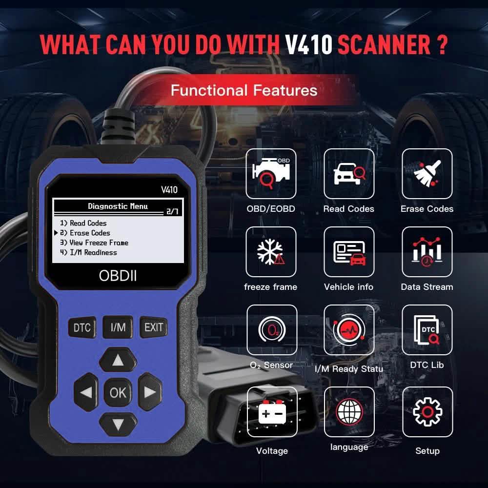 Functions: read codes, erase codes, freeze frame, vehicle info, data stream, DTC library, voltage, I/M ready status, language and setup