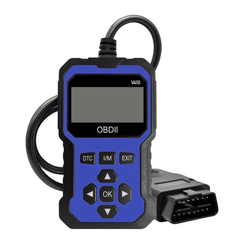 Blue V410 OBD2 scanner with its coiled cable and OBD-II plug