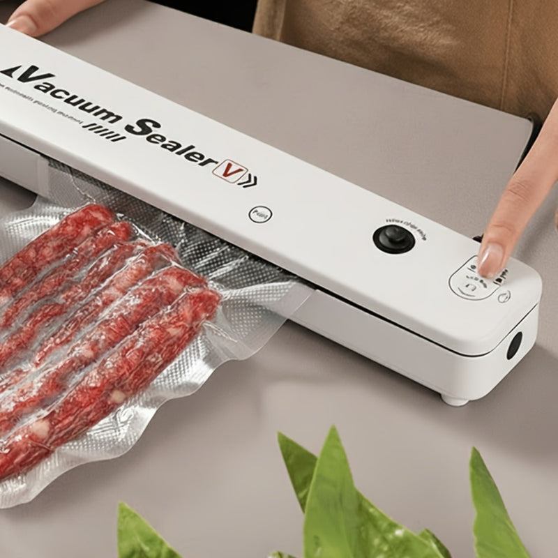 White vacuum sealing machine sealing a bag of food on a kitchen counter