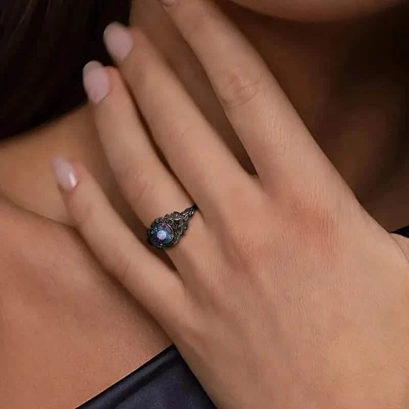 Vintage Gothic Style Synthetic Rainbow Stone Ring with Imitation Black Zirconia Rings - DailySale