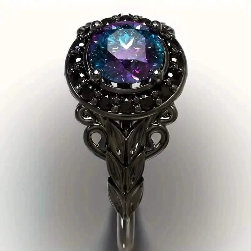 Vintage Gothic Style Synthetic Rainbow Stone Ring with Imitation Black Zirconia Rings - DailySale