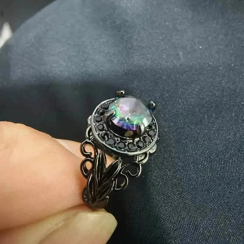 Vintage Gothic Style Synthetic Rainbow Stone Ring with Imitation Black Zirconia Rings - DailySale
