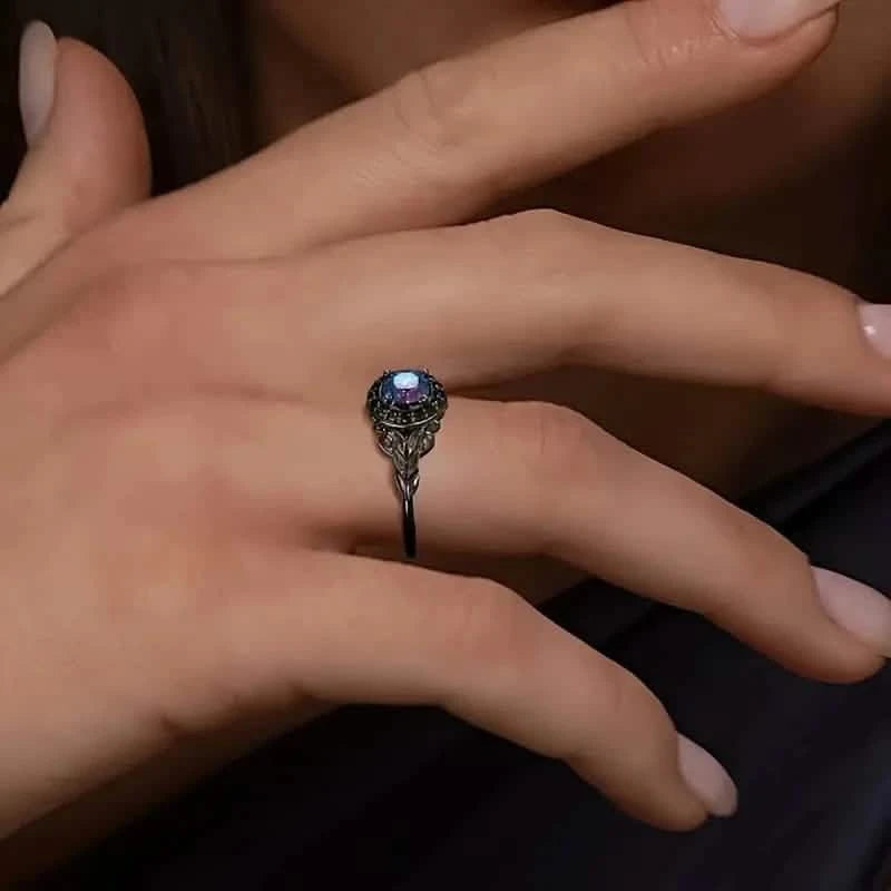 Vintage Gothic Style Synthetic Rainbow Stone Ring with Imitation Black Zirconia Rings - DailySale