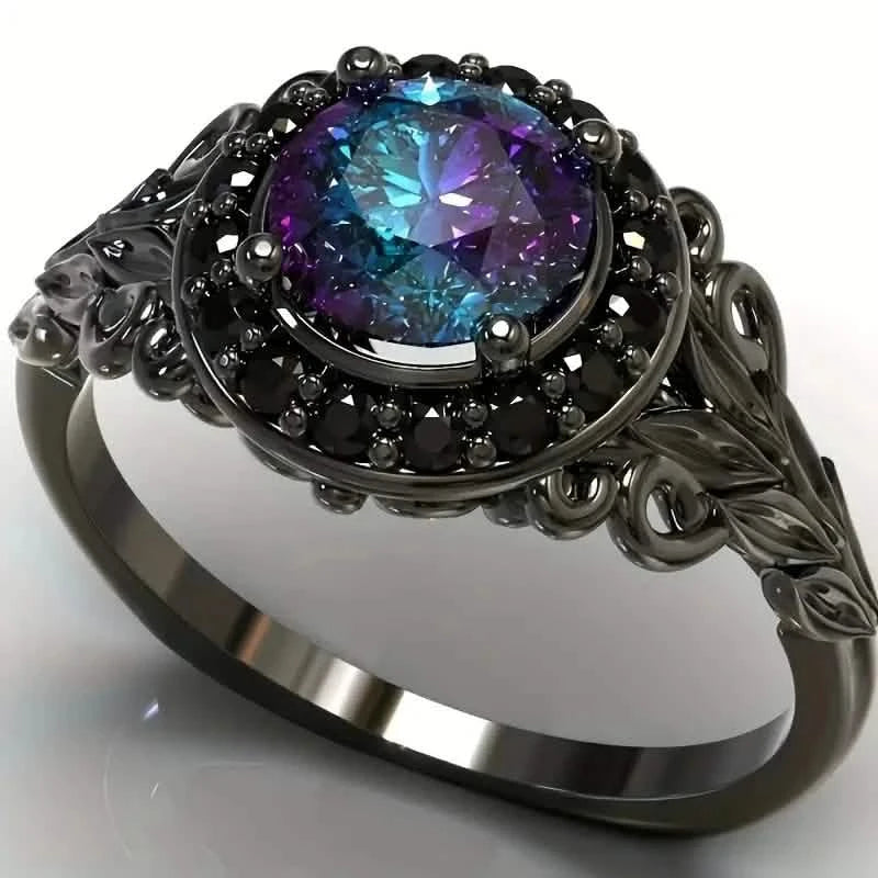 Vintage Gothic Style Synthetic Rainbow Stone Ring with Imitation Black Zirconia Rings - DailySale