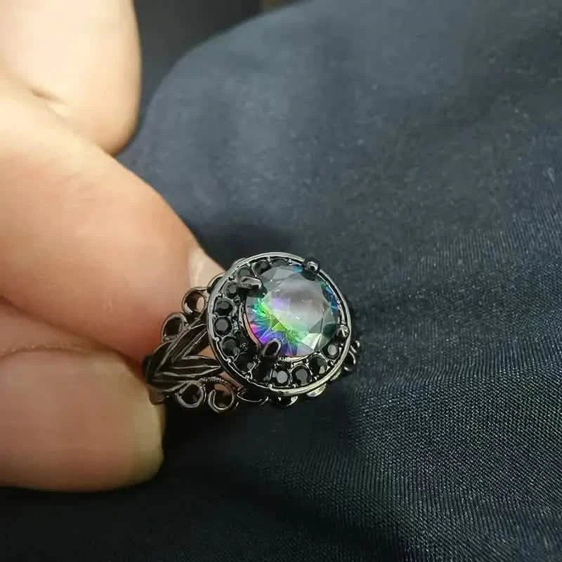 Vintage Gothic Style Synthetic Rainbow Stone Ring with Imitation Black Zirconia Rings - DailySale