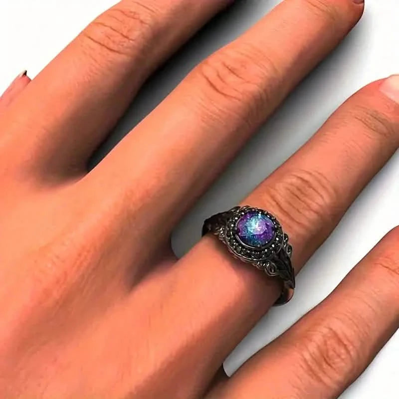 Vintage Gothic Style Synthetic Rainbow Stone Ring with Imitation Black Zirconia Rings - DailySale
