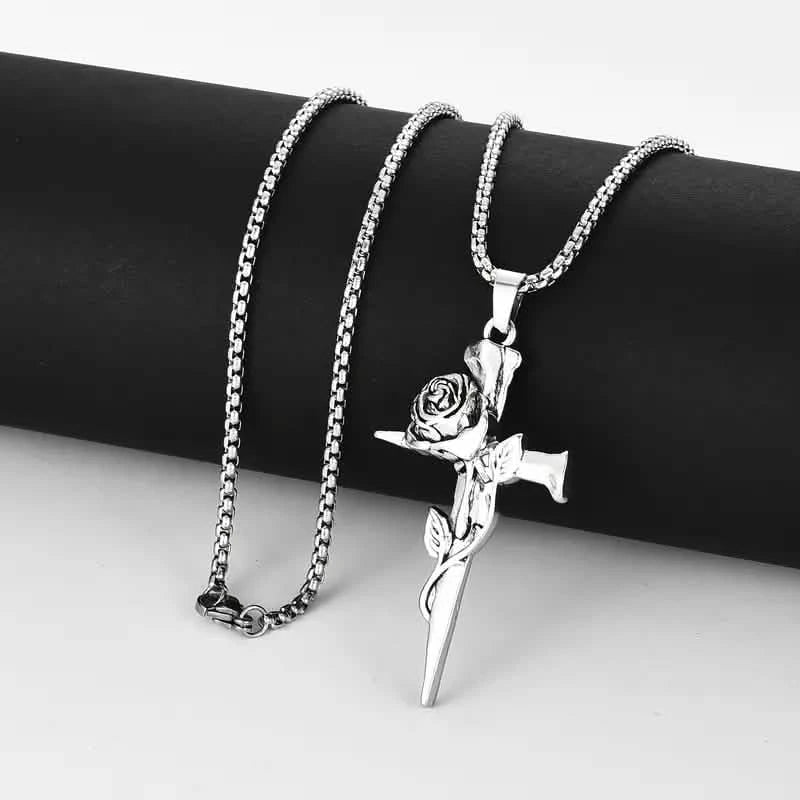 Vintage-Inspired Men's Titanium Steel Pendant Necklace - Unique Keel Chain Design with Cross and Rose Accents Necklaces - DailySale