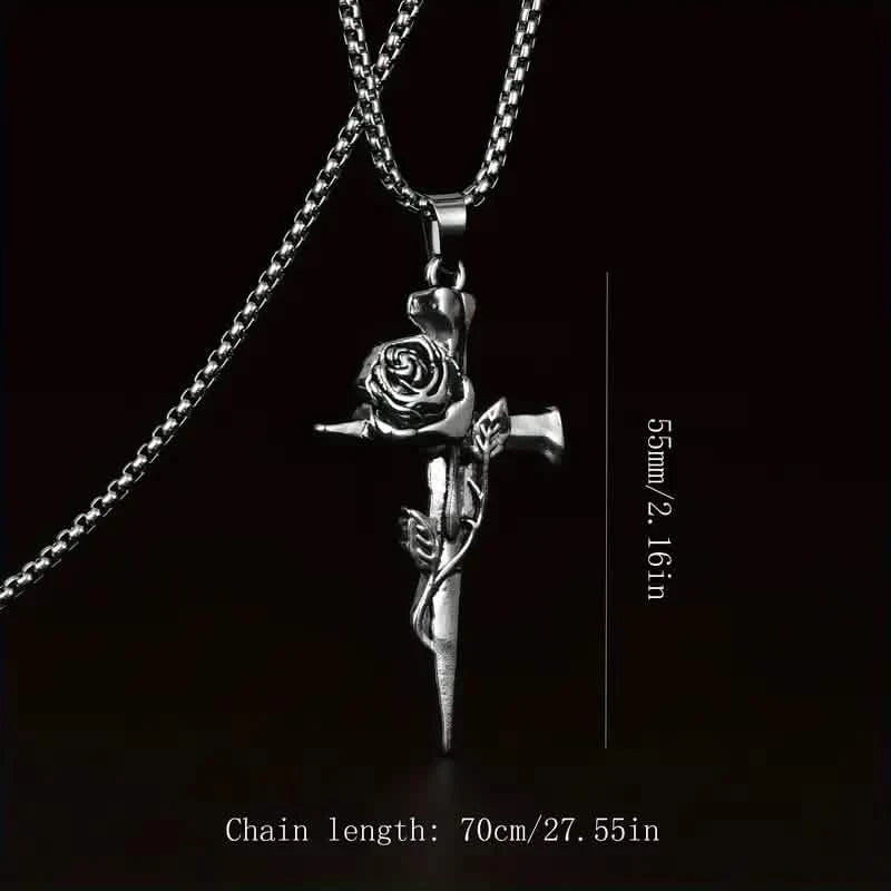 Vintage-Inspired Men's Titanium Steel Pendant Necklace - Unique Keel Chain Design with Cross and Rose Accents Necklaces - DailySale