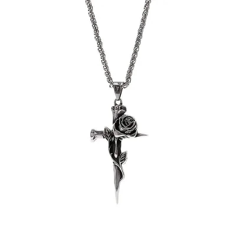 Vintage-Inspired Men's Titanium Steel Pendant Necklace - Unique Keel Chain Design with Cross and Rose Accents Necklaces - DailySale