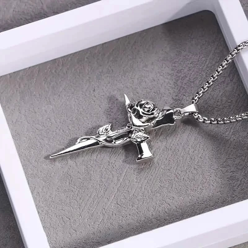 Vintage-Inspired Men's Titanium Steel Pendant Necklace - Unique Keel Chain Design with Cross and Rose Accents Necklaces - DailySale