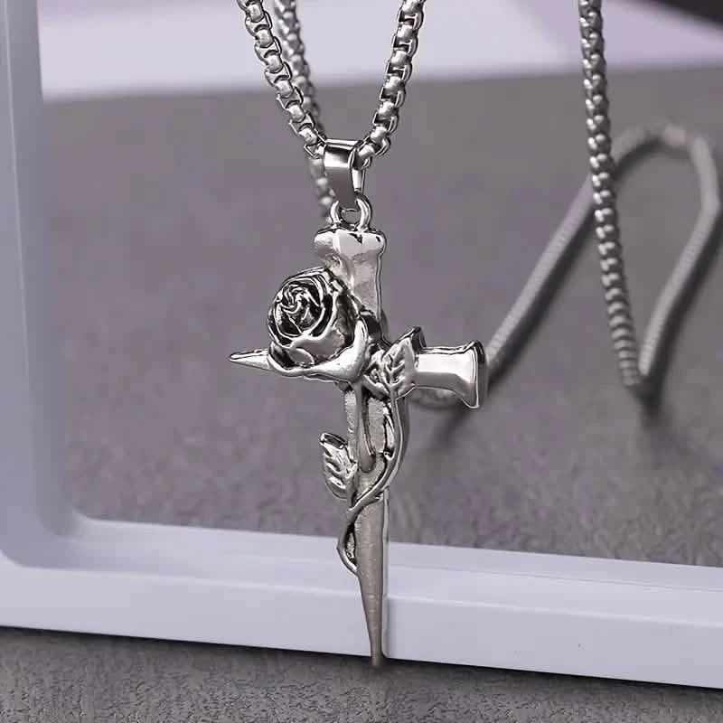 Vintage-Inspired Men's Titanium Steel Pendant Necklace - Unique Keel Chain Design with Cross and Rose Accents Necklaces - DailySale