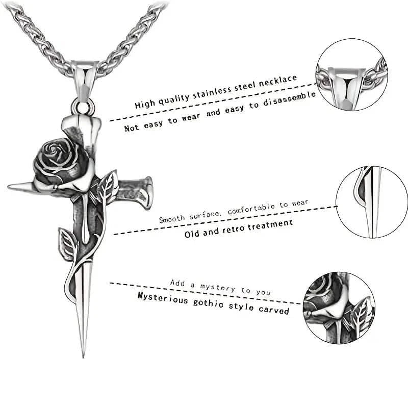 Vintage-Inspired Men's Titanium Steel Pendant Necklace - Unique Keel Chain Design with Cross and Rose Accents Necklaces - DailySale