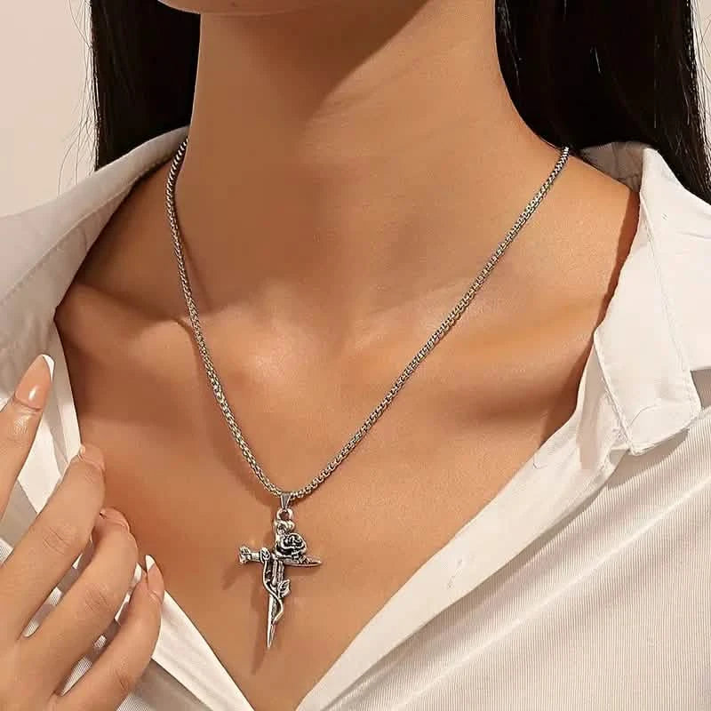 Vintage-Inspired Men's Titanium Steel Pendant Necklace - Unique Keel Chain Design with Cross and Rose Accents Necklaces - DailySale