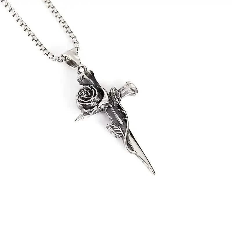 Vintage-Inspired Men's Titanium Steel Pendant Necklace - Unique Keel Chain Design with Cross and Rose Accents Necklaces - DailySale
