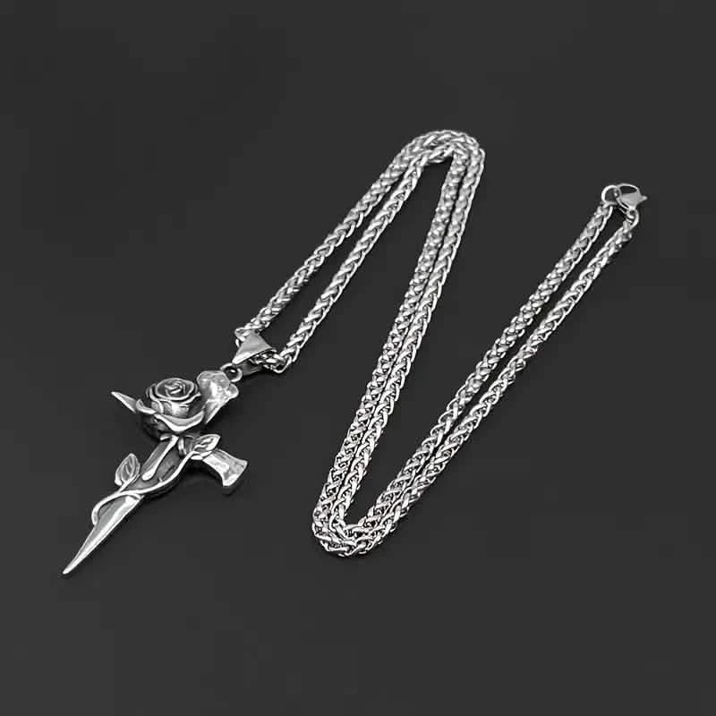 Vintage-Inspired Men's Titanium Steel Pendant Necklace - Unique Keel Chain Design with Cross and Rose Accents Necklaces - DailySale
