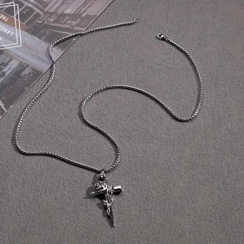 Vintage-Inspired Men's Titanium Steel Pendant Necklace - Unique Keel Chain Design with Cross and Rose Accents Necklaces - DailySale
