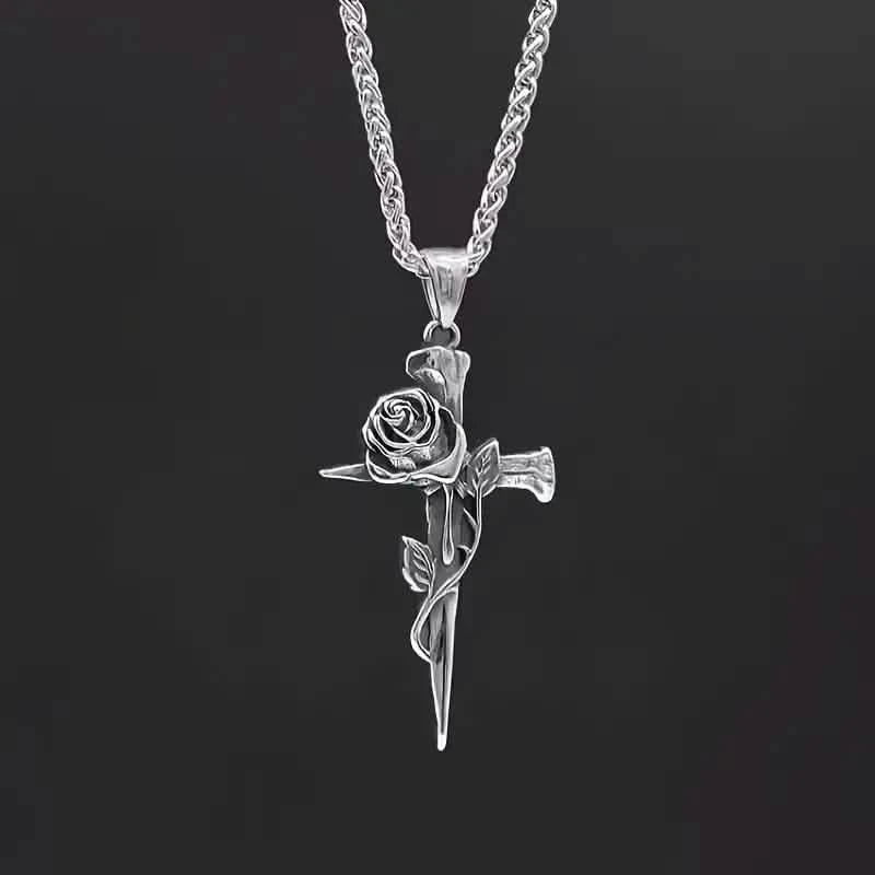 Vintage-Inspired Men's Titanium Steel Pendant Necklace - Unique Keel Chain Design with Cross and Rose Accents Necklaces - DailySale