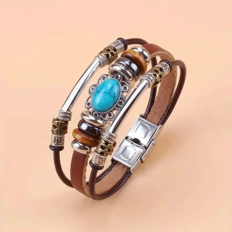 Vintage Style Green Turquoise Beaded PU Leather Stainless Steel Buckle Bracelet Bracelets - DailySale