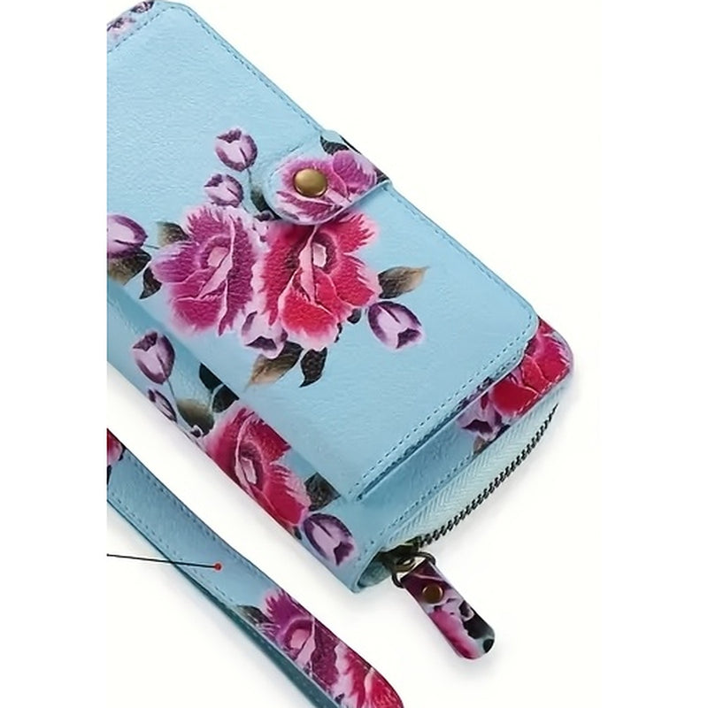 Light blue floral rose print long wallet with wrist strap