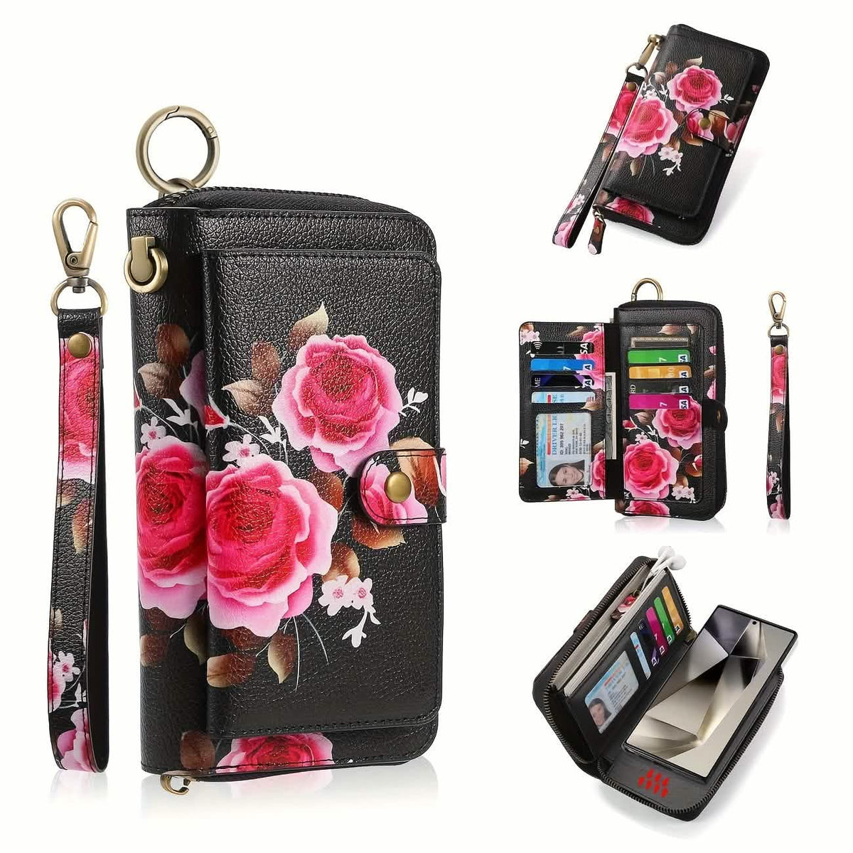 Floral rose print long wallet open to show card slots and phone pocket