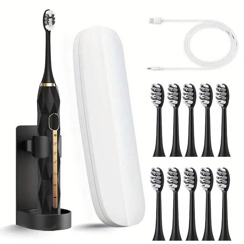 Waterproof USB Rechargeable Electric Toothbrush with 10 Replaceable Toothbrush Heads, Charger and Case Beauty & Personal Care Black - DailySale