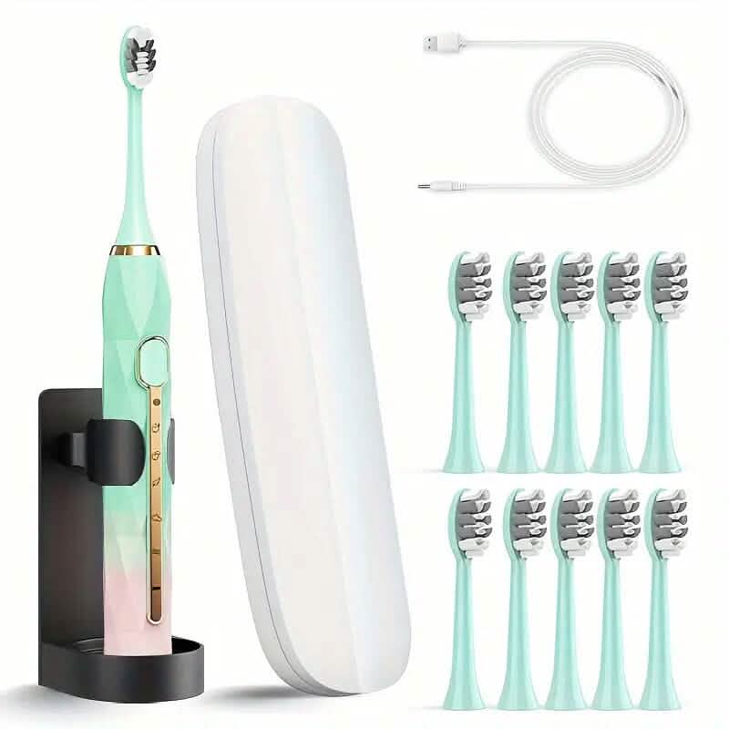 Waterproof USB Rechargeable Electric Toothbrush with 10 Replaceable Toothbrush Heads, Charger and Case Beauty & Personal Care Green - DailySale