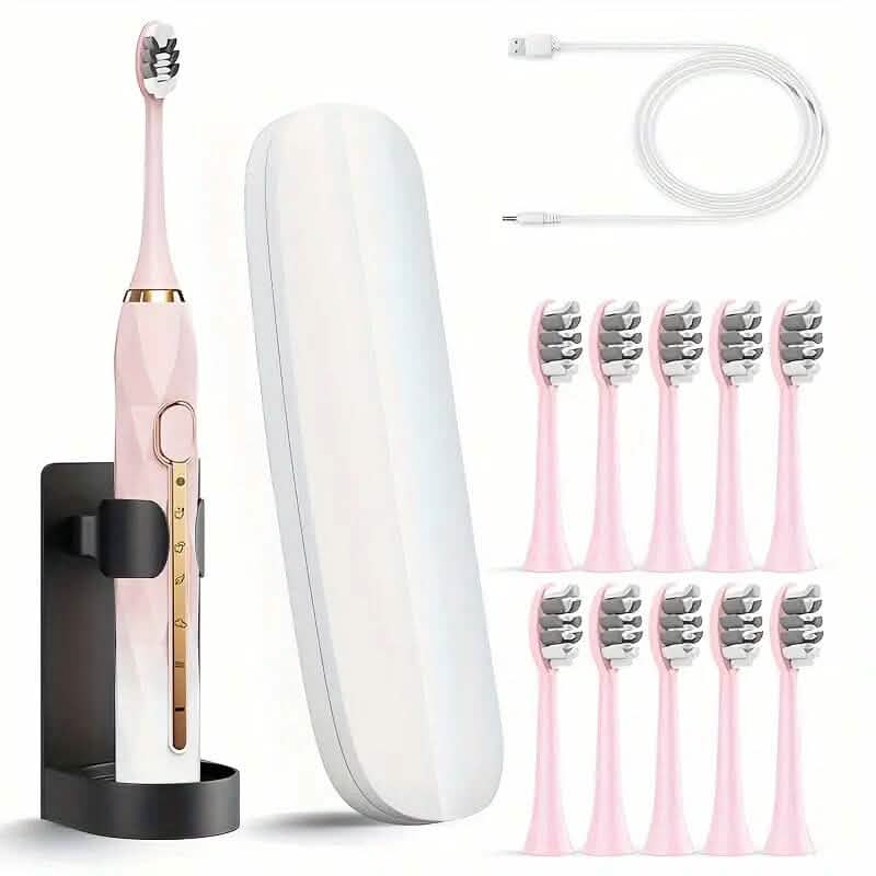 Waterproof USB Rechargeable Electric Toothbrush with 10 Replaceable Toothbrush Heads, Charger and Case Beauty & Personal Care Pink - DailySale