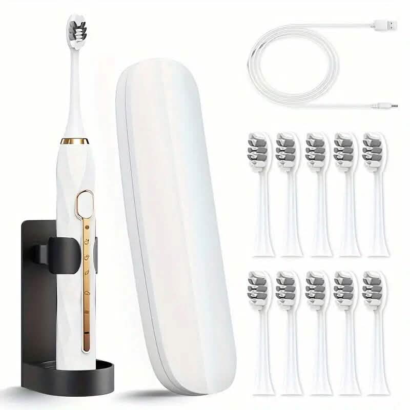 Waterproof USB Rechargeable Electric Toothbrush with 10 Replaceable Toothbrush Heads, Charger and Case Beauty & Personal Care White - DailySale