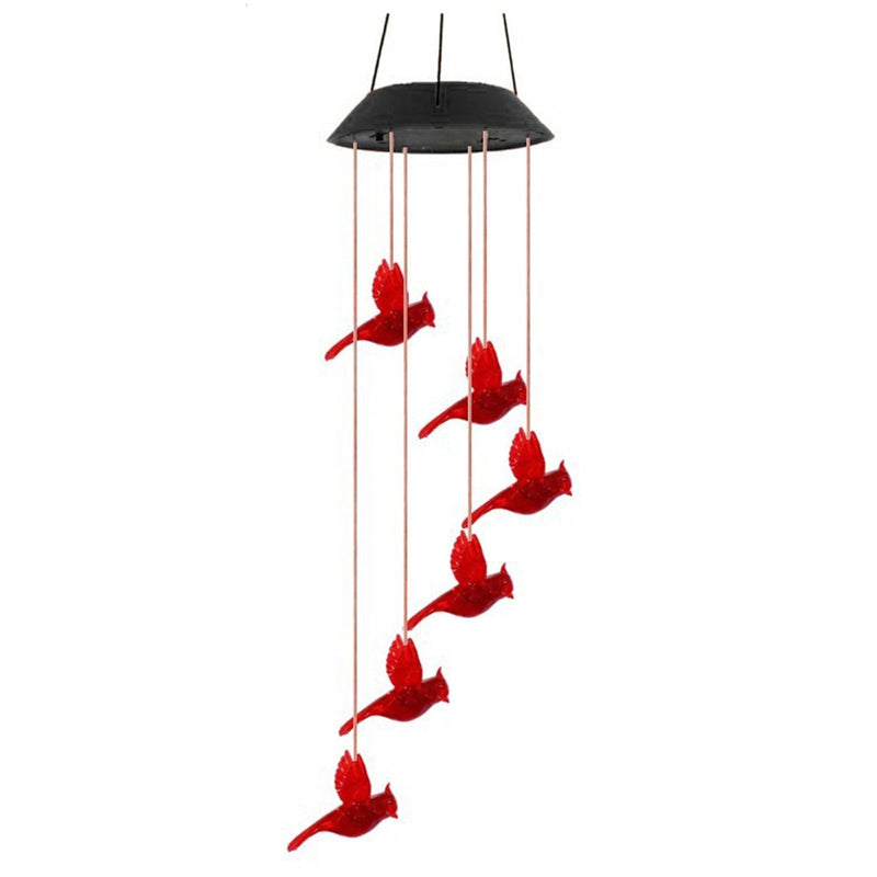 Six red cardinals on strands below the solar canopy