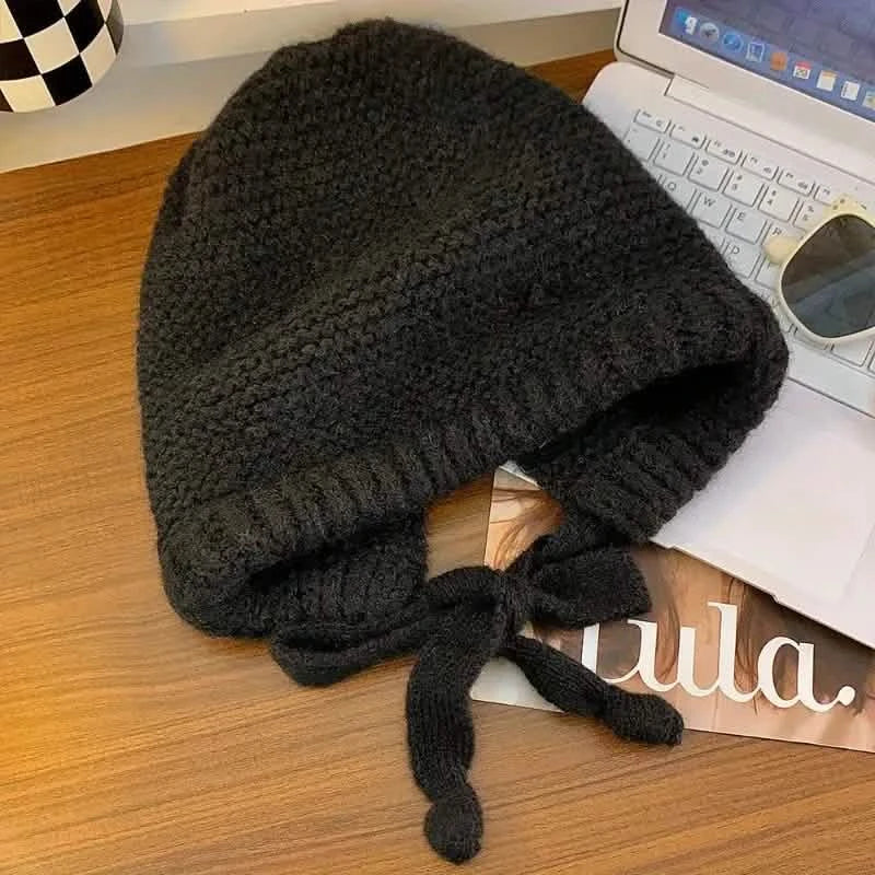 Winter Wool Knitted Hat Unisex Winter Striped Beanie with Ear Flaps Women's Outerwear Black - DailySale