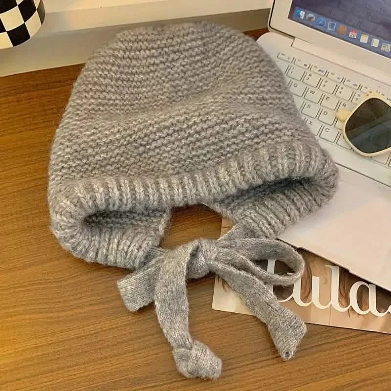 Winter Wool Knitted Hat Unisex Winter Striped Beanie with Ear Flaps Women's Outerwear Gray - DailySale