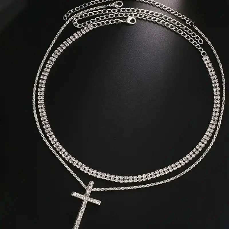 Women's Double Layer Artificial Crystal Cross Pendant Necklace Necklaces - DailySale