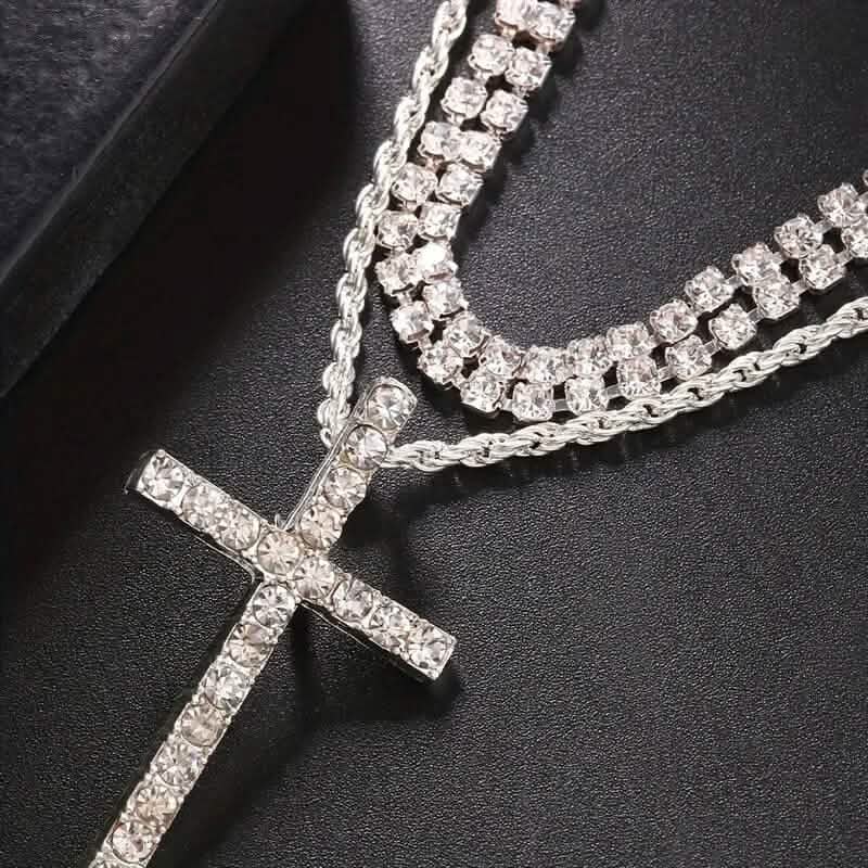 Women's Double Layer Artificial Crystal Cross Pendant Necklace Necklaces - DailySale