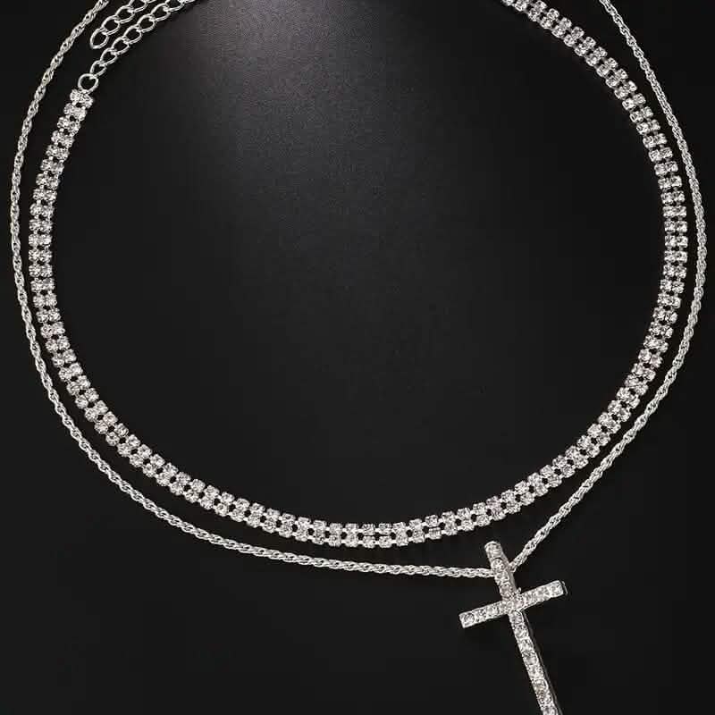 Women's Double Layer Artificial Crystal Cross Pendant Necklace Necklaces - DailySale