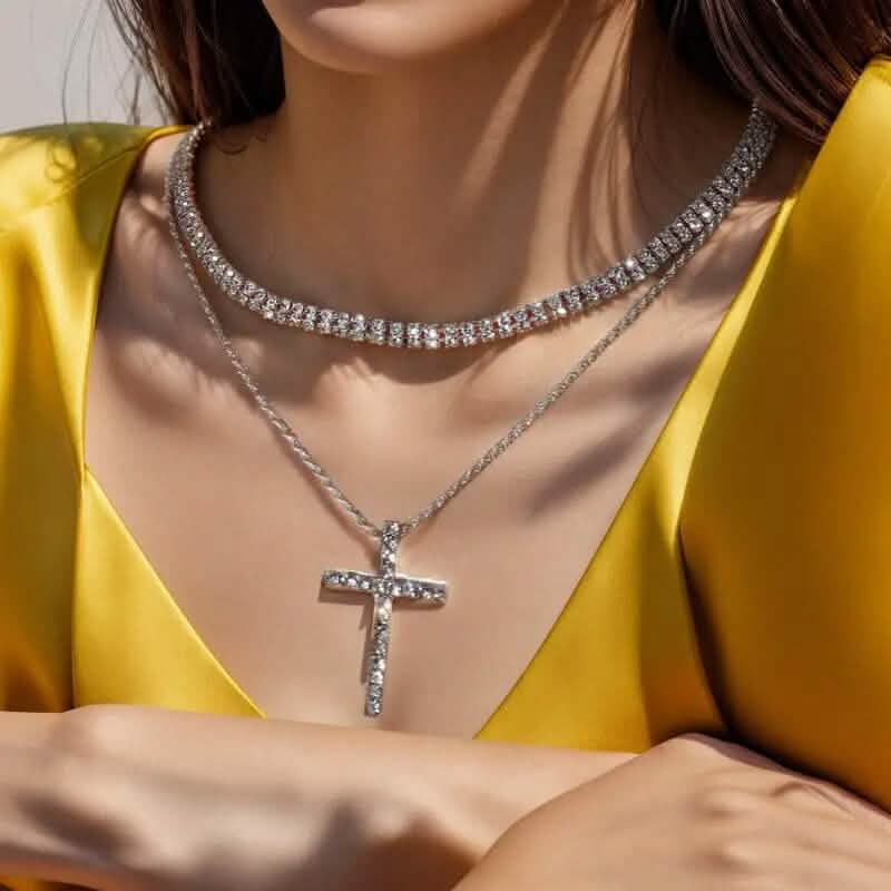 Women's Double Layer Artificial Crystal Cross Pendant Necklace Necklaces - DailySale