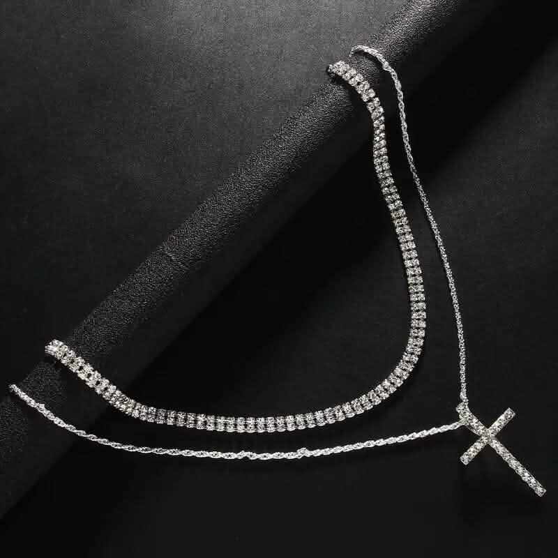 Women's Double Layer Artificial Crystal Cross Pendant Necklace Necklaces - DailySale