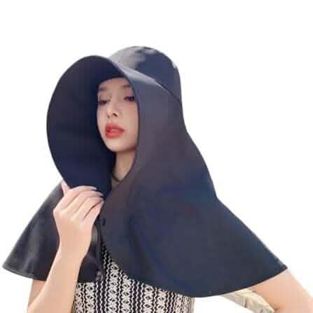 Women's Wide Brim Shawl Sun Hat with Neck Cover Hats Black - DailySale