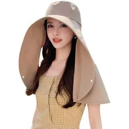 Women's Wide Brim Shawl Sun Hat with Neck Cover Hats Khaki - DailySale