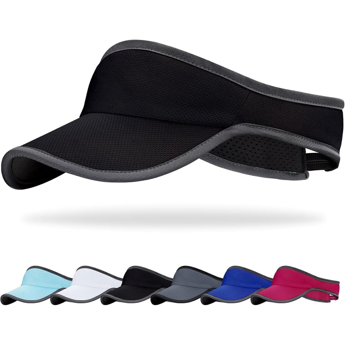 Black sports sun visor with mesh band, shown above the full color range