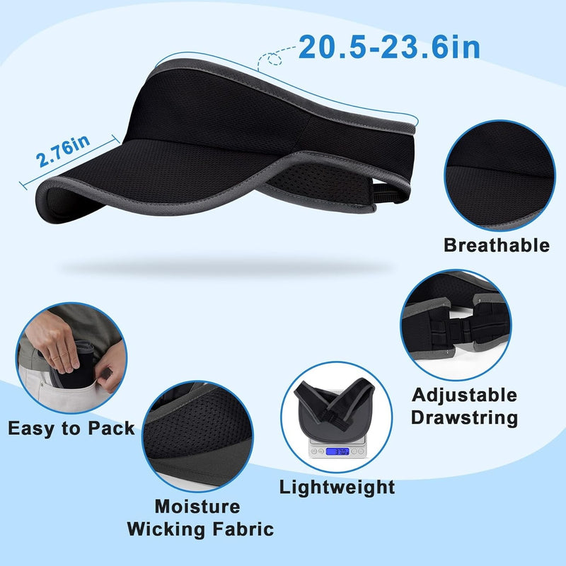 Specification graphic: 2.76 in brim, 20.5 to 23.6 in adjustable fit, breathable mesh and packable design