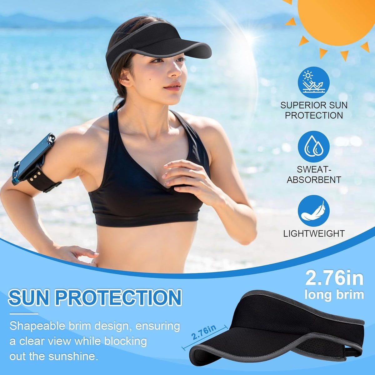 Sun protection graphic showing the 2.76 in long brim on the black visor